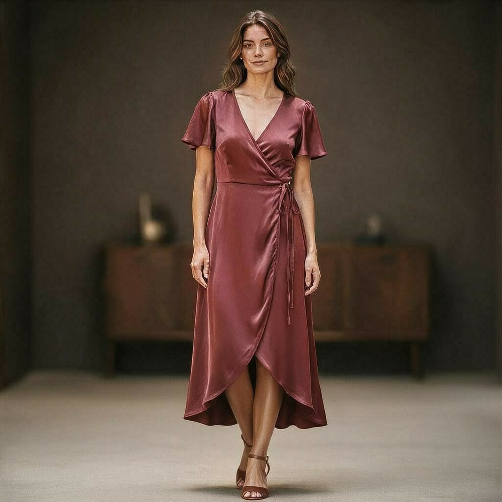 NWT Baltic Born Krystal Satin Wrap Gown Cinnamon Brown Maxi Dress Large